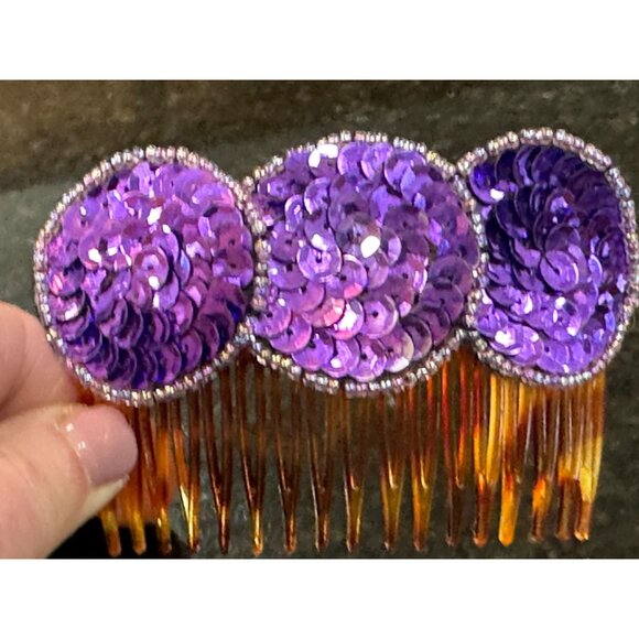 Vtg 1980\'s Purple Sequin 3 Circles Hair Side Comb Beaded Teeth Pick Women\'s main image 7